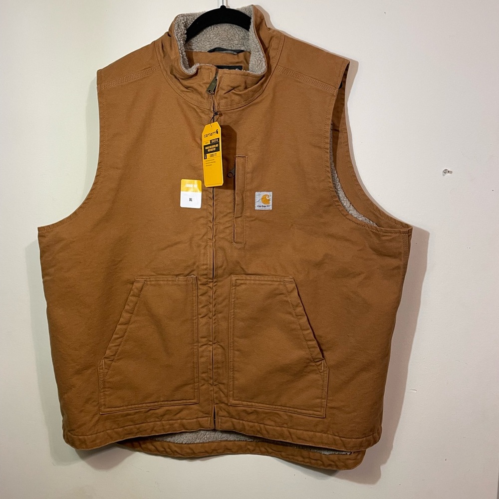 Carhartt Vest Men’s Duck Sherpa Lined vest XLarge loose fit mock neck brown NWT